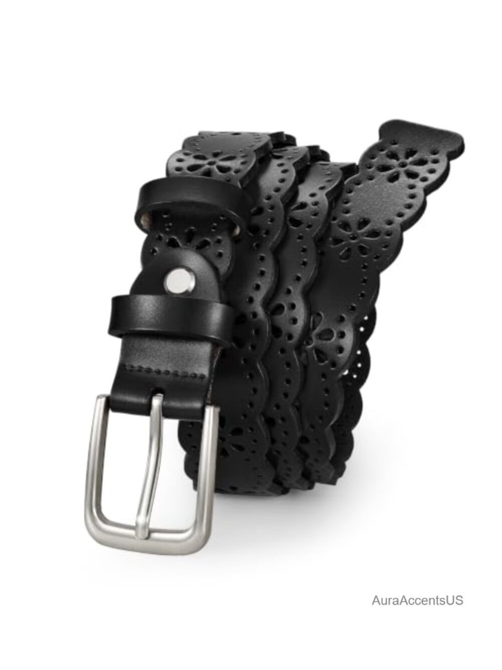 Genuine Leather Women's Belt Hollow Flower Pin Buckle
